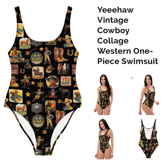 Baha Ranch Yeehaw Vintage Cowgirl Collage Bikini Top main image 0